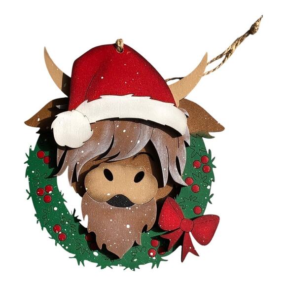 Handmade Whimsical Highlander Cow Wreath Santa Hat Hand Painted Wood Ornament - Picture 3 of 10